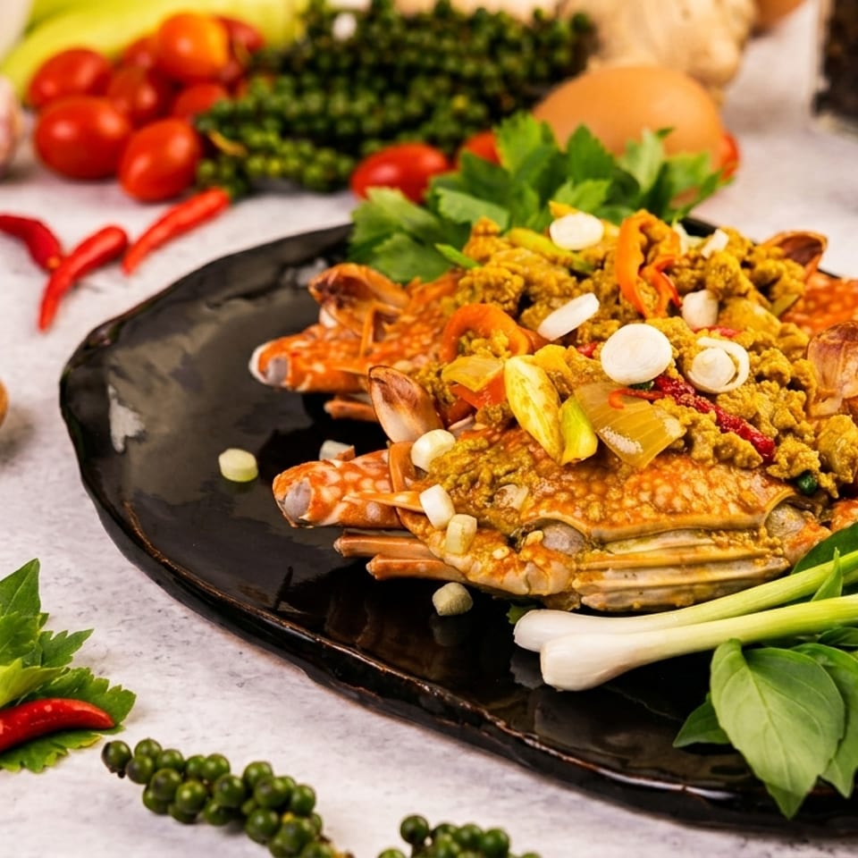 Spicy Thai stir-fried crab with curry powder, spring onions, and basil on a black plate.