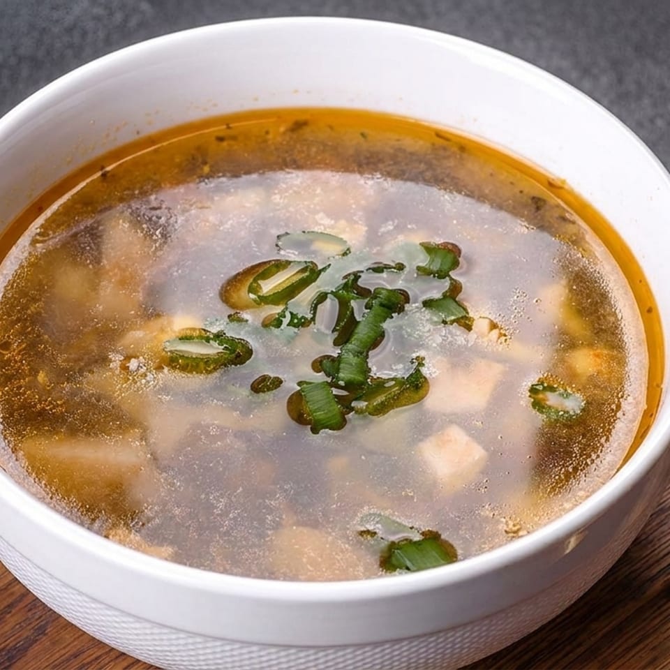 Clear soup with chopped green onions in a white bowl, served with dark bread and a wooden pepper mill.