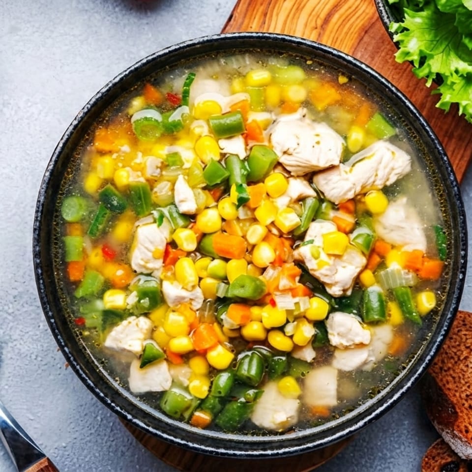 Hearty chicken and vegetable soup with corn, green beans, carrots, and celery, garnished with fresh tomatoes and lettuce.
