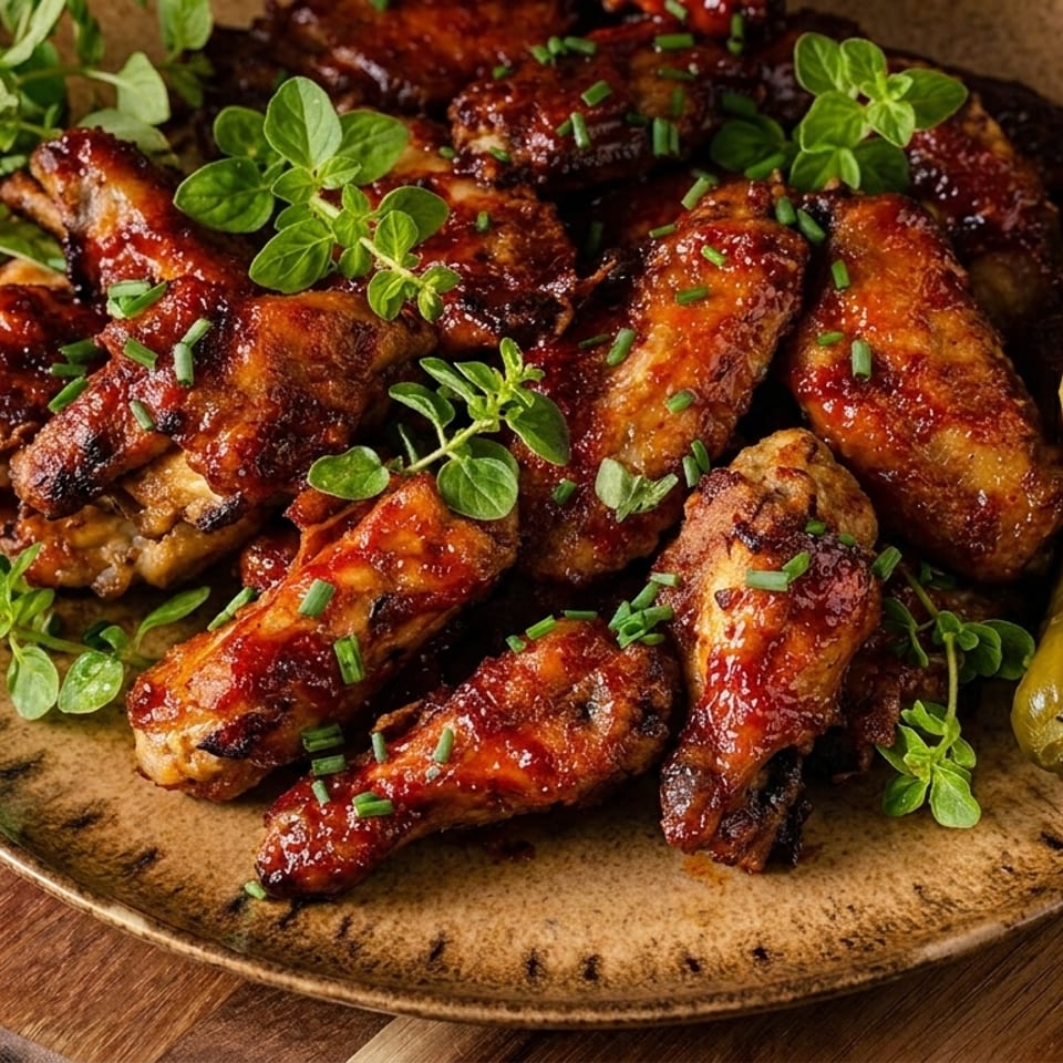 Glazed chicken wings with fresh herbs and pickles on a rustic plate.