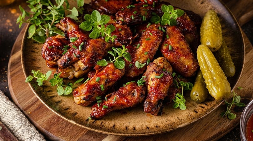 Glazed chicken wings with fresh herbs and pickles on a rustic plate.