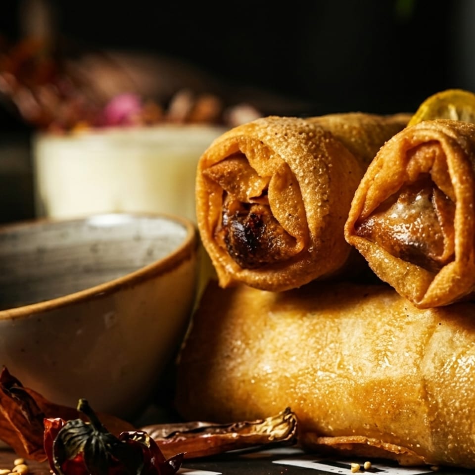 Golden-brown spring rolls with a dipping sauce bowl and dried chilies on a dark wooden surface.