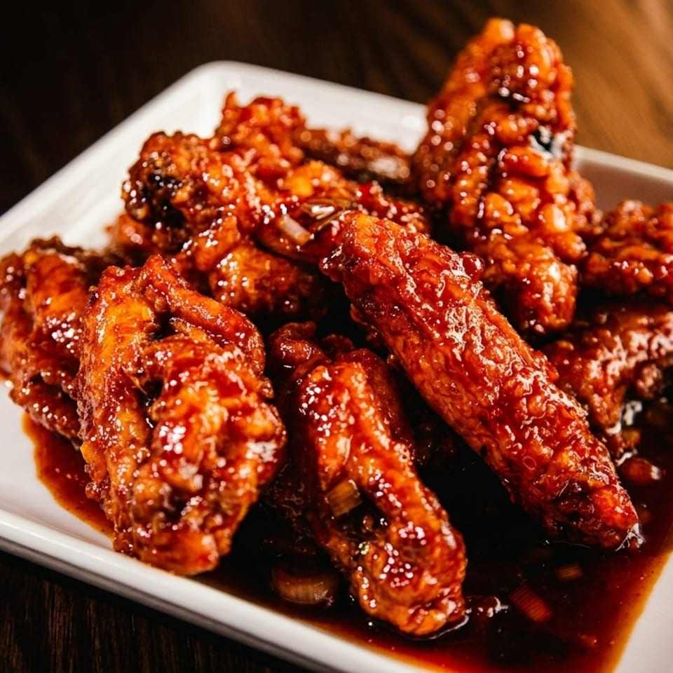 A white rectangular plate filled with glistening, saucy chicken wings on a dark wooden table.