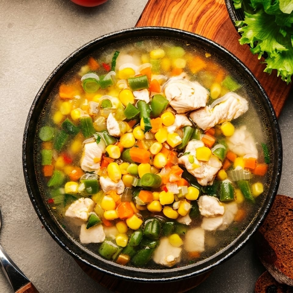 Hearty chicken and vegetable soup with corn, carrots, and green beans, served with bread and tomatoes.