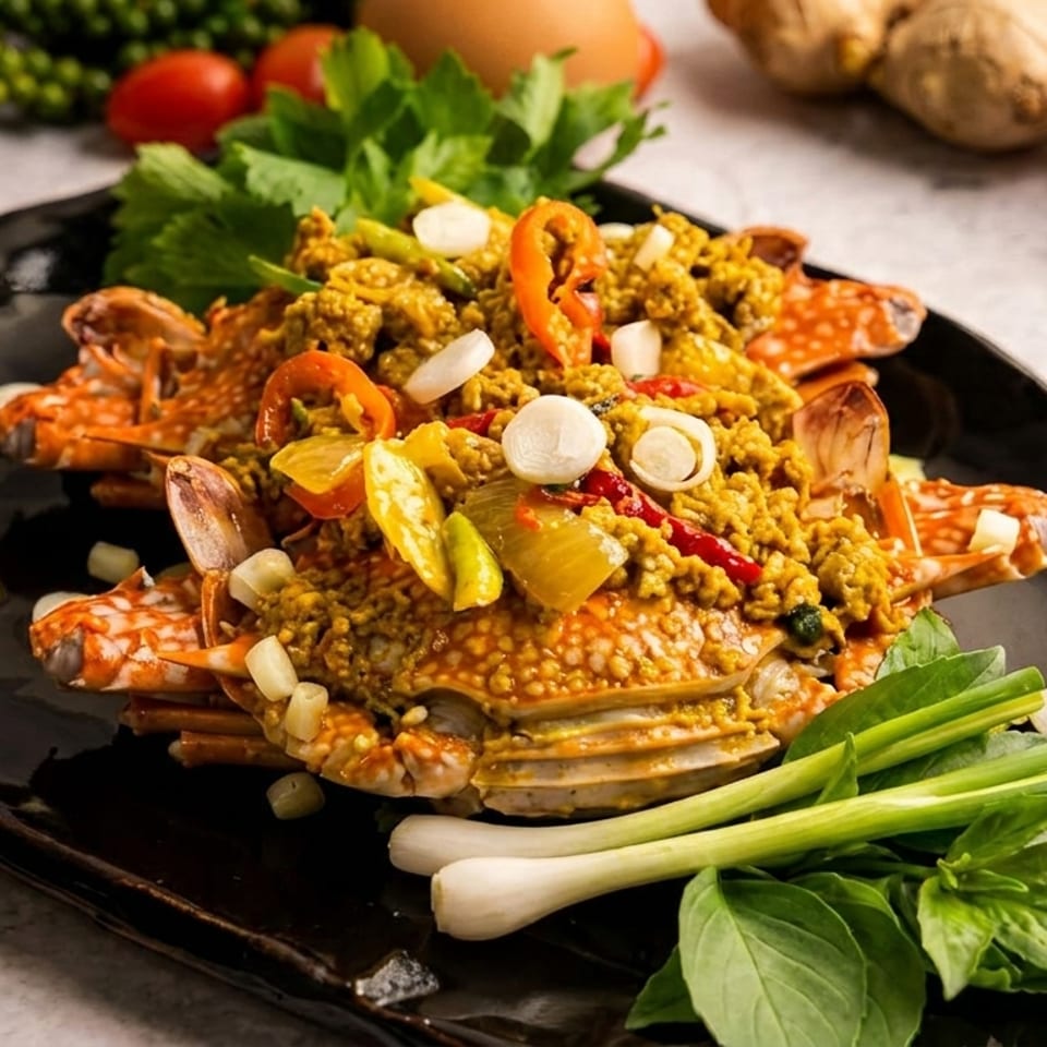 Spicy stir-fried crab with yellow curry paste, chili, and herbs on a black plate.