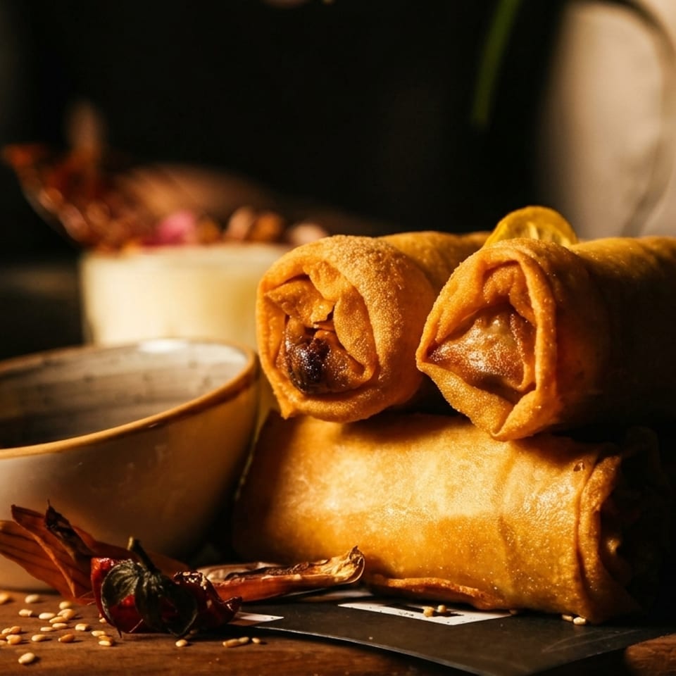 Crispy golden spring rolls on a wooden board with a dipping bowl, sesame seeds, and dried chilies.